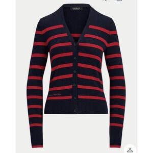 Lauren Ralph Lauren Women Striped Cotton Cardigan‎ Sweater Navy/Red Size Large